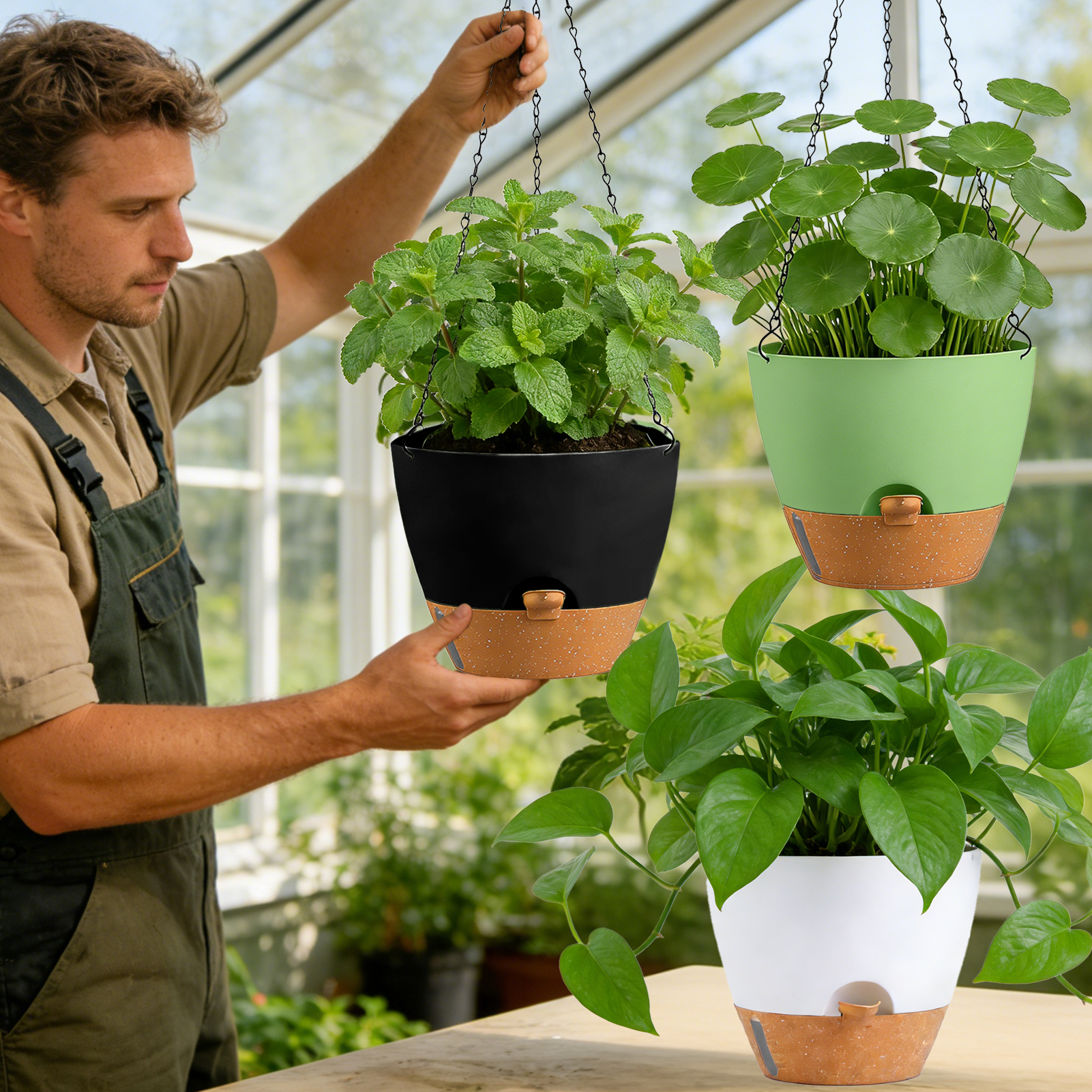 urorentea 3 Pack 10 Inch Self-Watering Hanging Planters, with Visible and Removable Saucer, Watering Lip, Drainage Holes, Hanging Flower Pot for Indoor&Outdoor Plants