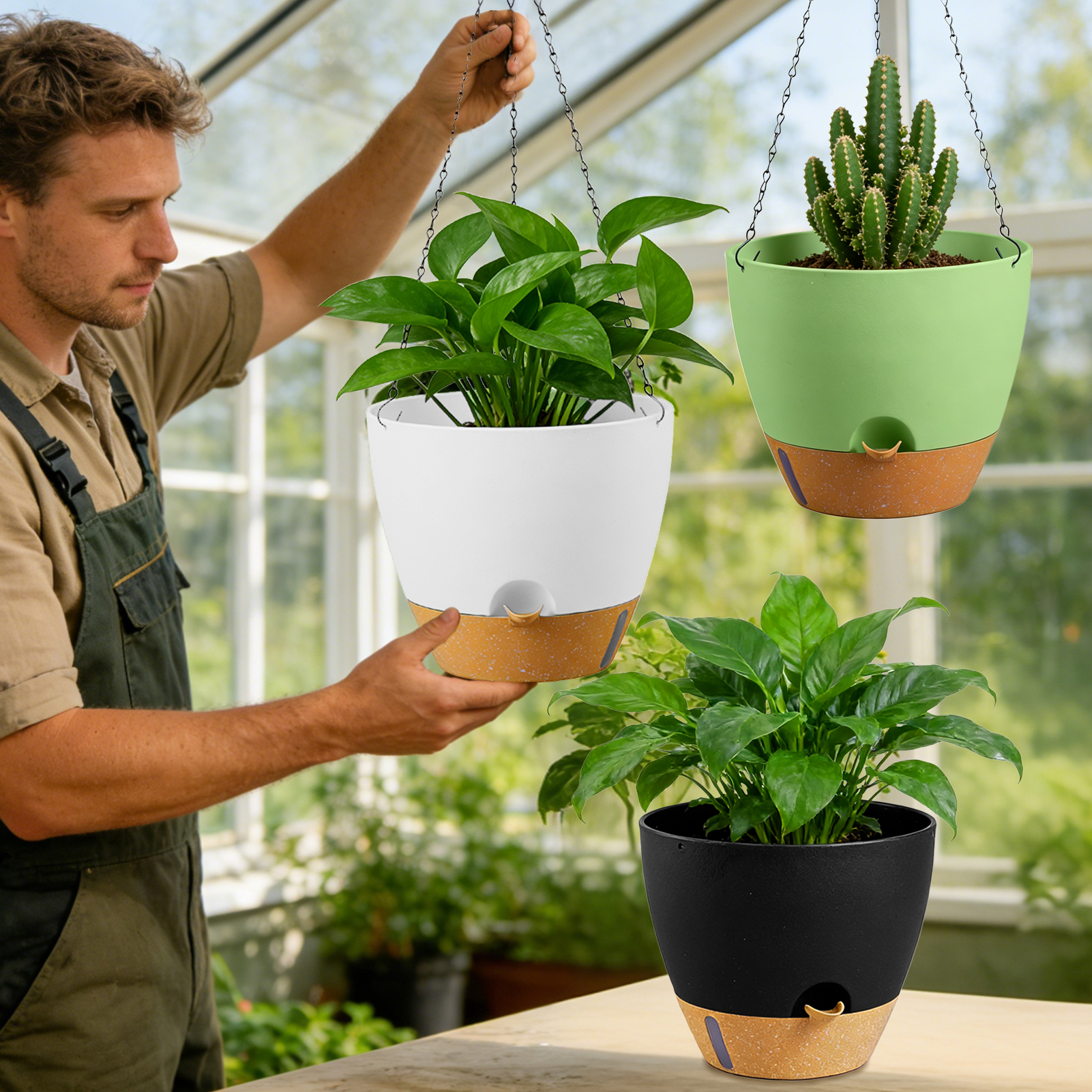 urorentea 3 Pack 12 Inch Self-Watering Hanging Planters, with Visible and Removable Saucer, Watering Lip, Drainage Holes, Hanging Flower Pot for Indoor&Outdoor Plants