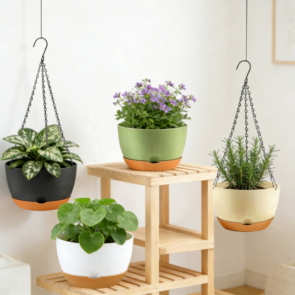 urorentea 4 Pack 8" Self-Watering Hanging Planters with Drainage Holes & Removable Saucer, Hanging Flower Pots for Indoor Outdoor Plants
