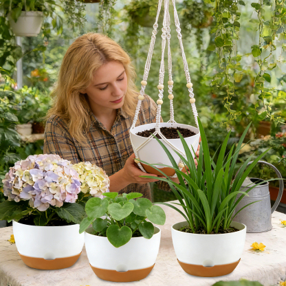 urorentea 3 Pack Self-Watering Hanging Planters, 10＋10＋8 Hanging Plant Pots with Macrame Hangers, Ceiling Hooks, Removable Saucer and Drainage Holes for Indoor & Outdoor Plants