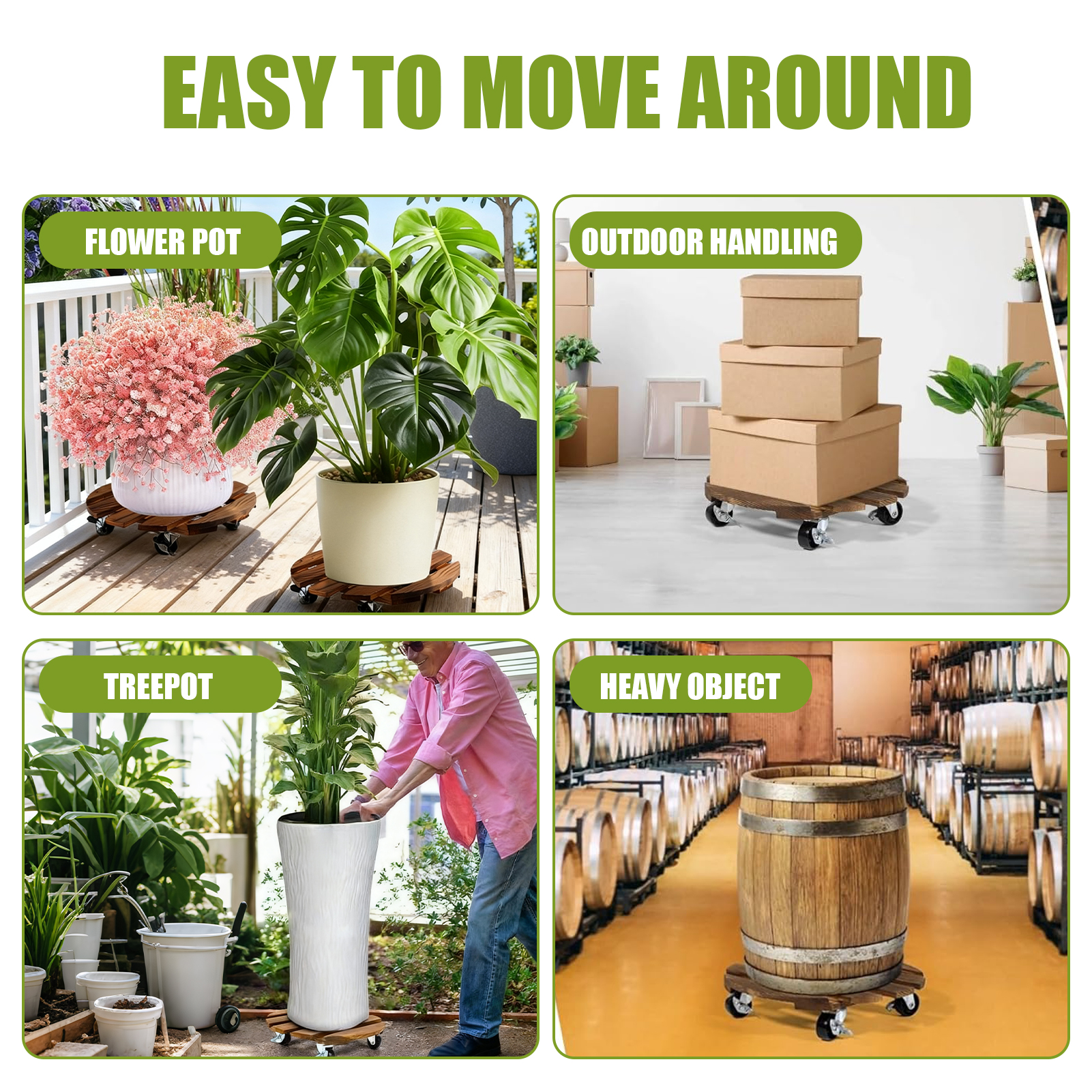 urorentea 2 Pack 12inch Wooden Plant Caddy with 5 Wheels, Rolling Plant Stand with 360° Caster Wheels, Thicken Wood Plant Dolly for Indoor Outdoor, Round Plant Rollers Tray for Large Plants & Pots