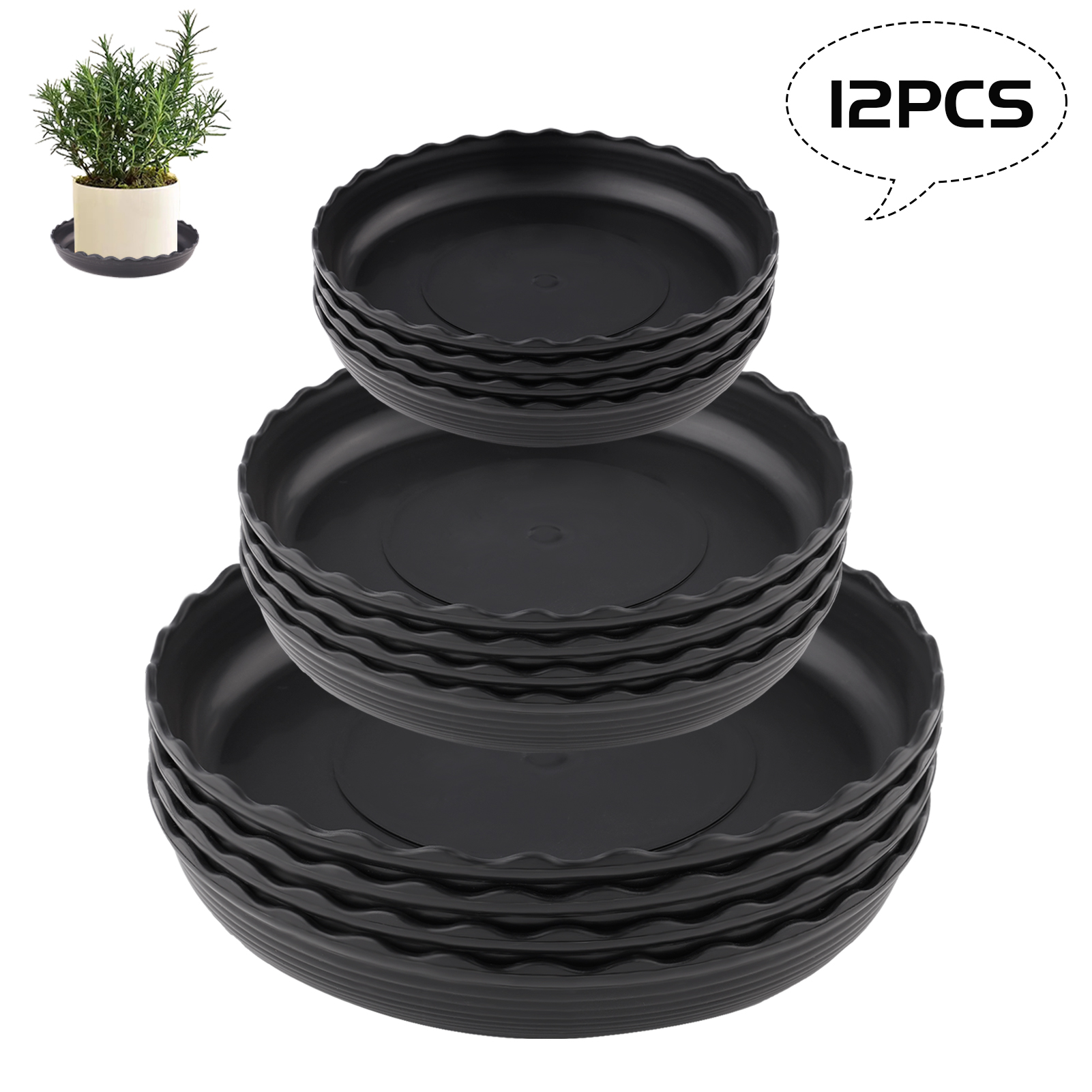 urorentea 12Pcs Plant Saucer, Plastic Plant Drip Trays, 6 8 10 Inch Black Round Plant Pot Saucers, Drip Tray for Indoor Outdoor Garden Plants, Collects Flower Pot Drainage and Excess Water