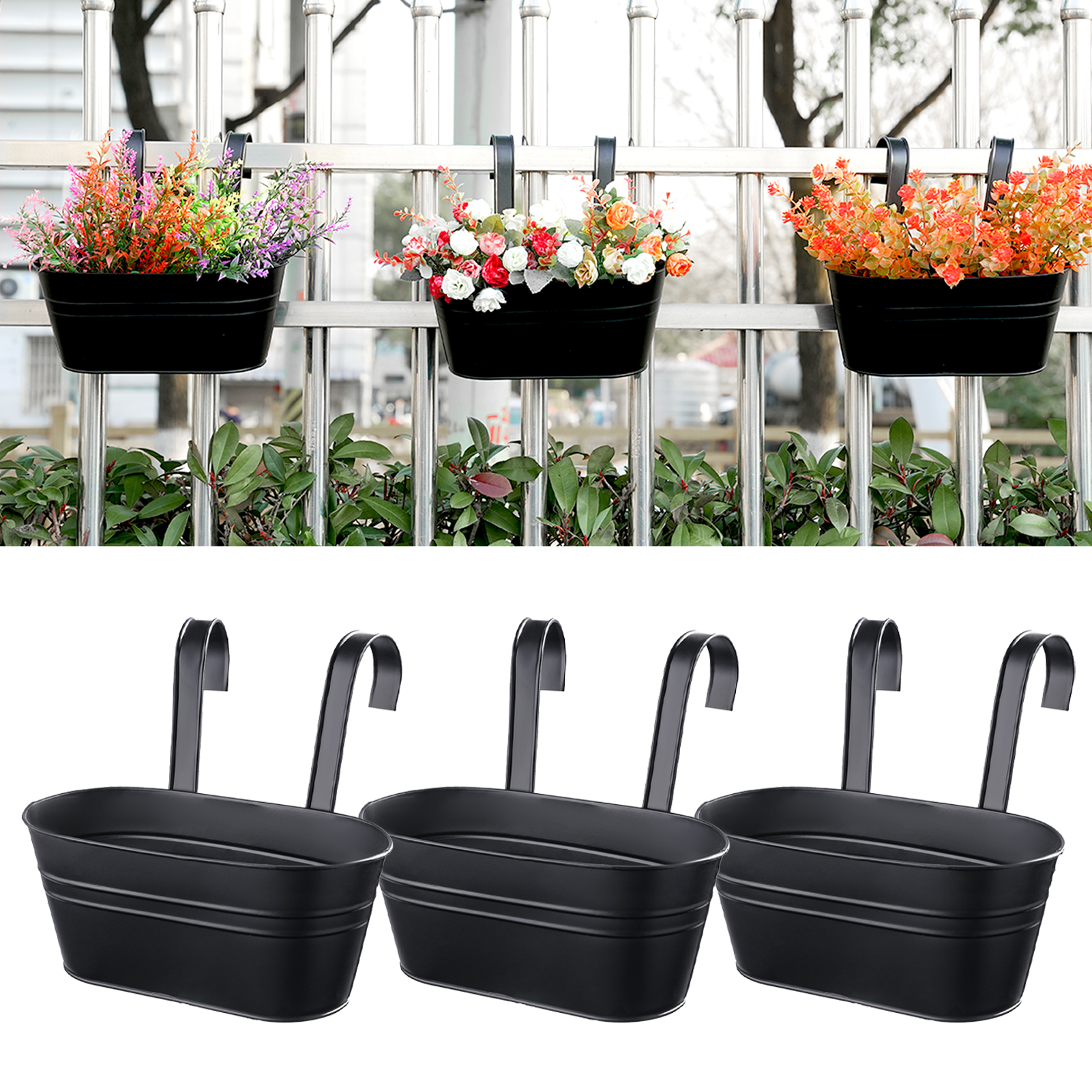 urorentea 3Pcs Metal Hanging Flower Pots for Outdoor Plants, Iron Railing Planter with Detachable Hooks and Drain Holes, Hanging Pots Fence Planters for Railing Garden Fence
