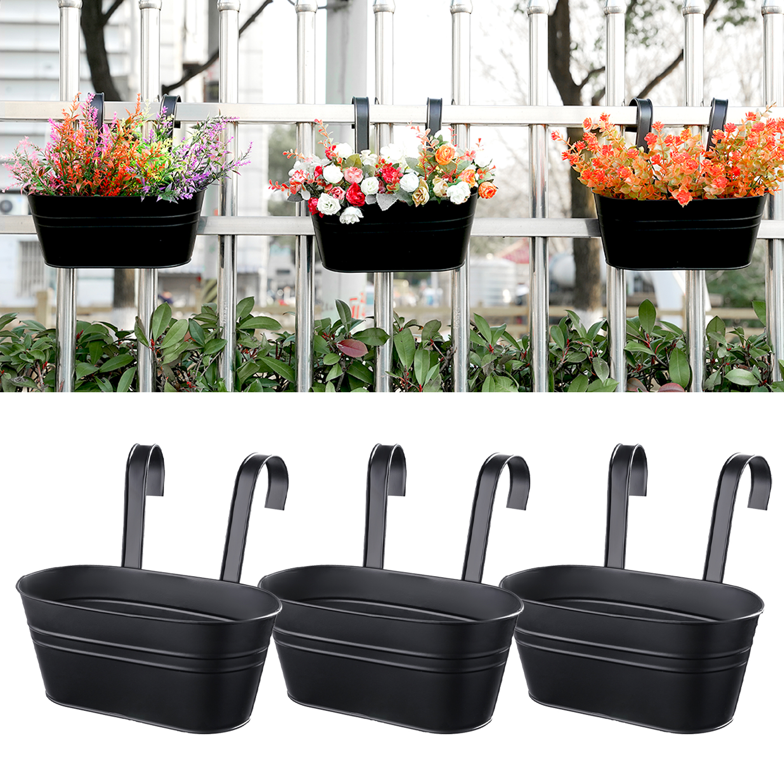 urorentea 3Pcs Metal Hanging Flower Pots for Outdoor Plants, Iron Railing Planter with Detachable Hooks and Drain Holes, Hanging Pots Fence Planters for Railing Garden Fence
