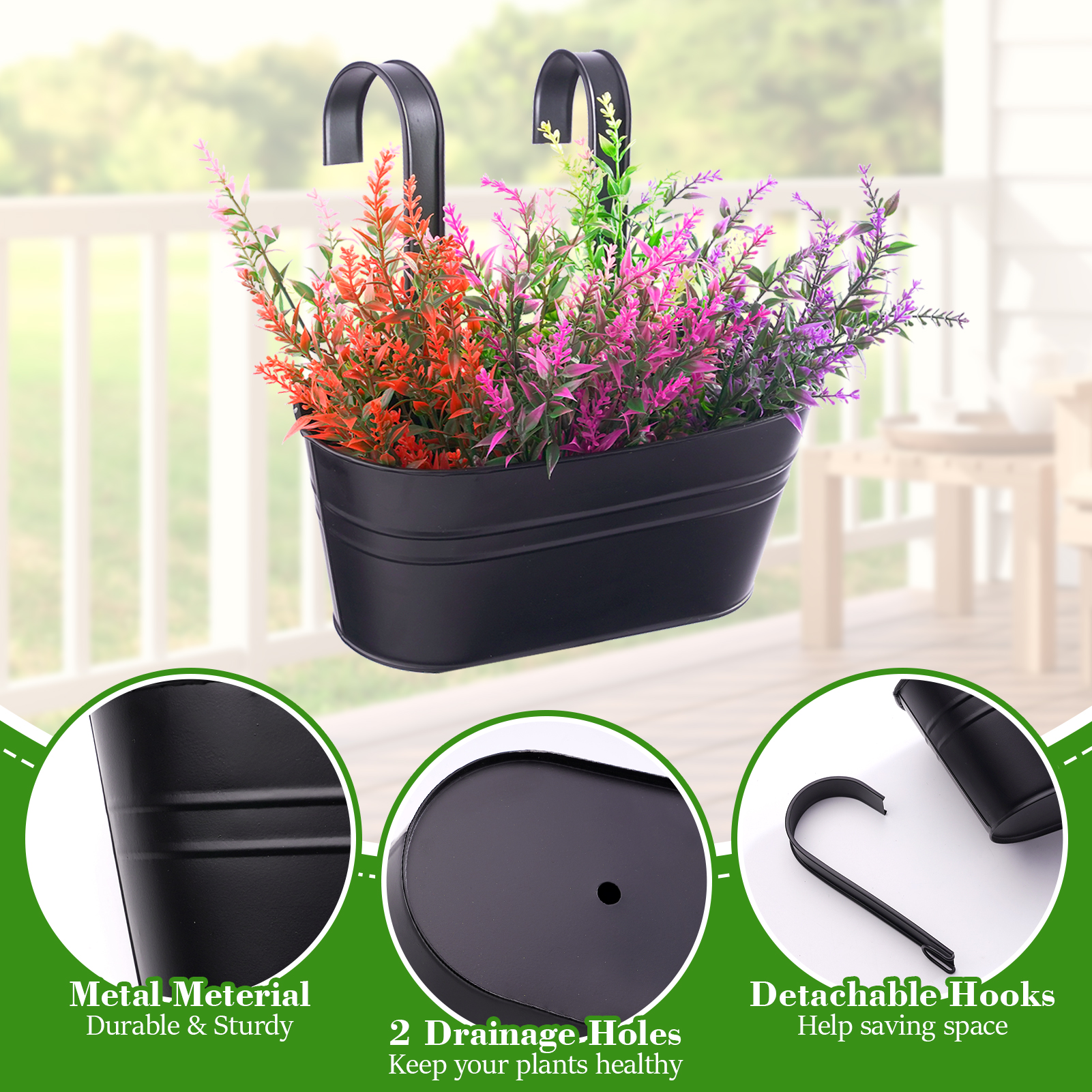 urorentea 3Pcs Metal Hanging Flower Pots for Outdoor Plants, Iron Railing Planter with Detachable Hooks and Drain Holes, Hanging Pots Fence Planters for Railing Garden Fence