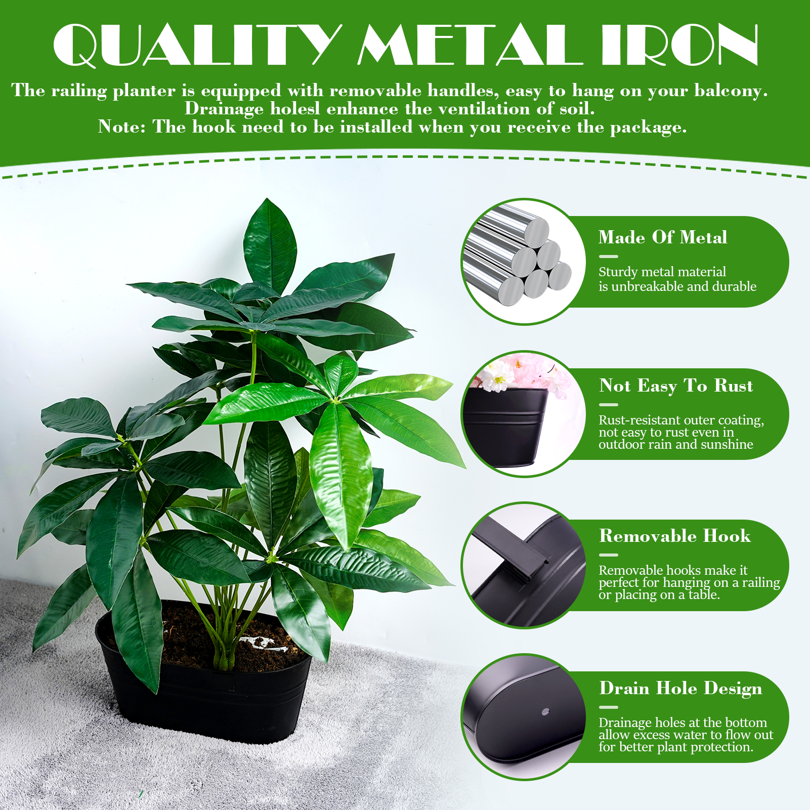 urorentea 3Pcs Metal Hanging Flower Pots for Outdoor Plants, Iron Railing Planter with Detachable Hooks and Drain Holes, Hanging Pots Fence Planters for Railing Garden Fence