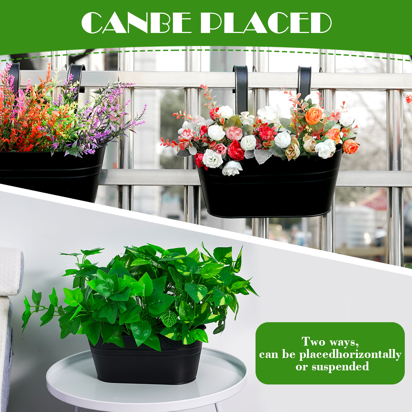 urorentea 3Pcs Metal Hanging Flower Pots for Outdoor Plants, Iron Railing Planter with Detachable Hooks and Drain Holes, Hanging Pots Fence Planters for Railing Garden Fence