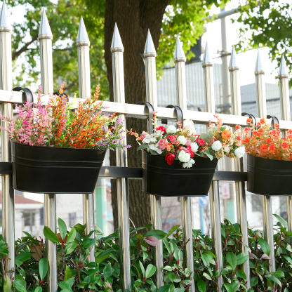 urorentea 3Pcs Metal Hanging Flower Pots for Outdoor Plants, Iron Railing Planter with Detachable Hooks and Drain Holes, Hanging Pots Fence Planters for Railing Garden Fence