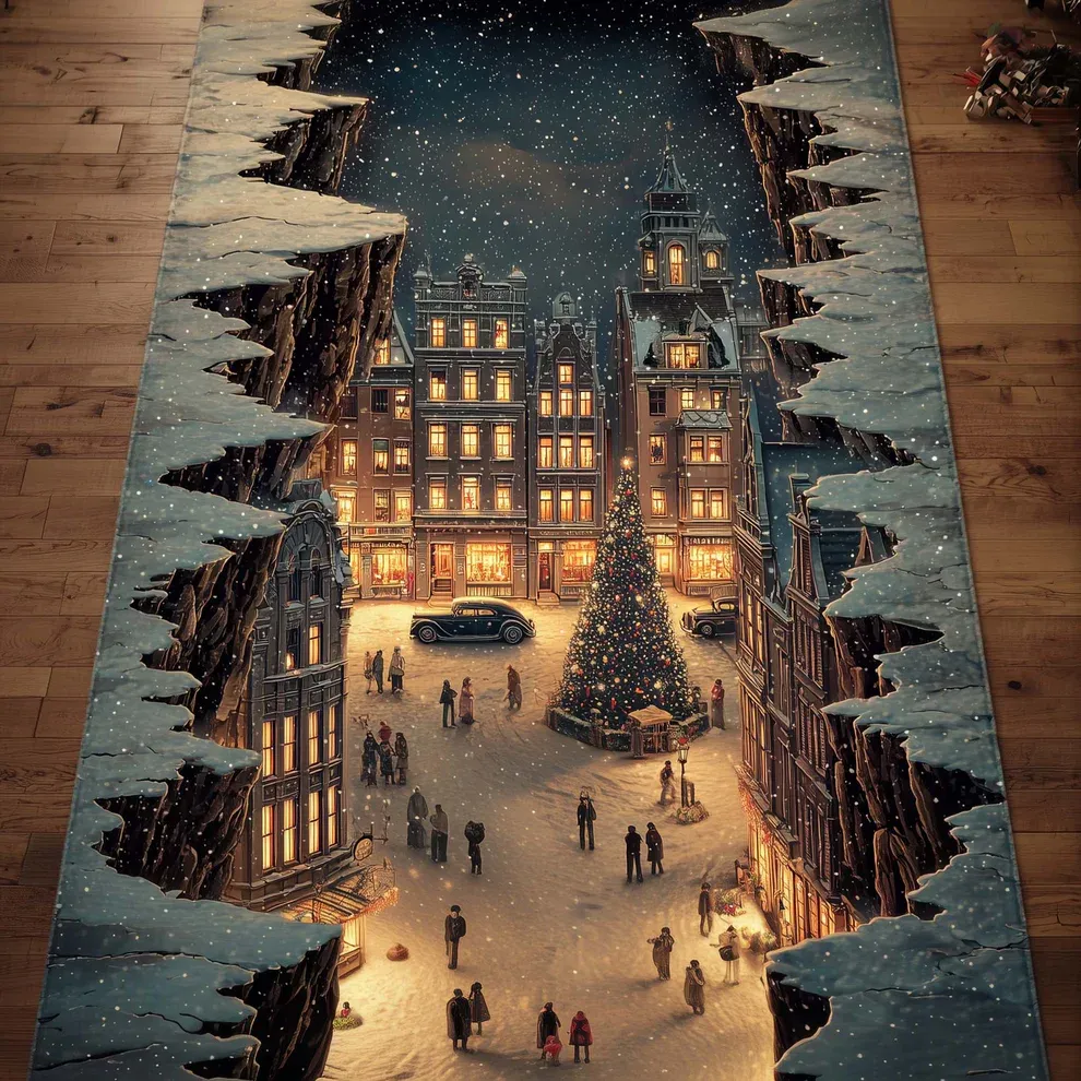 Enchanting Christmas Town Runner Rug with Snow-Covered Cottages & Sparkling Snowfall Pattern | Christmas Town