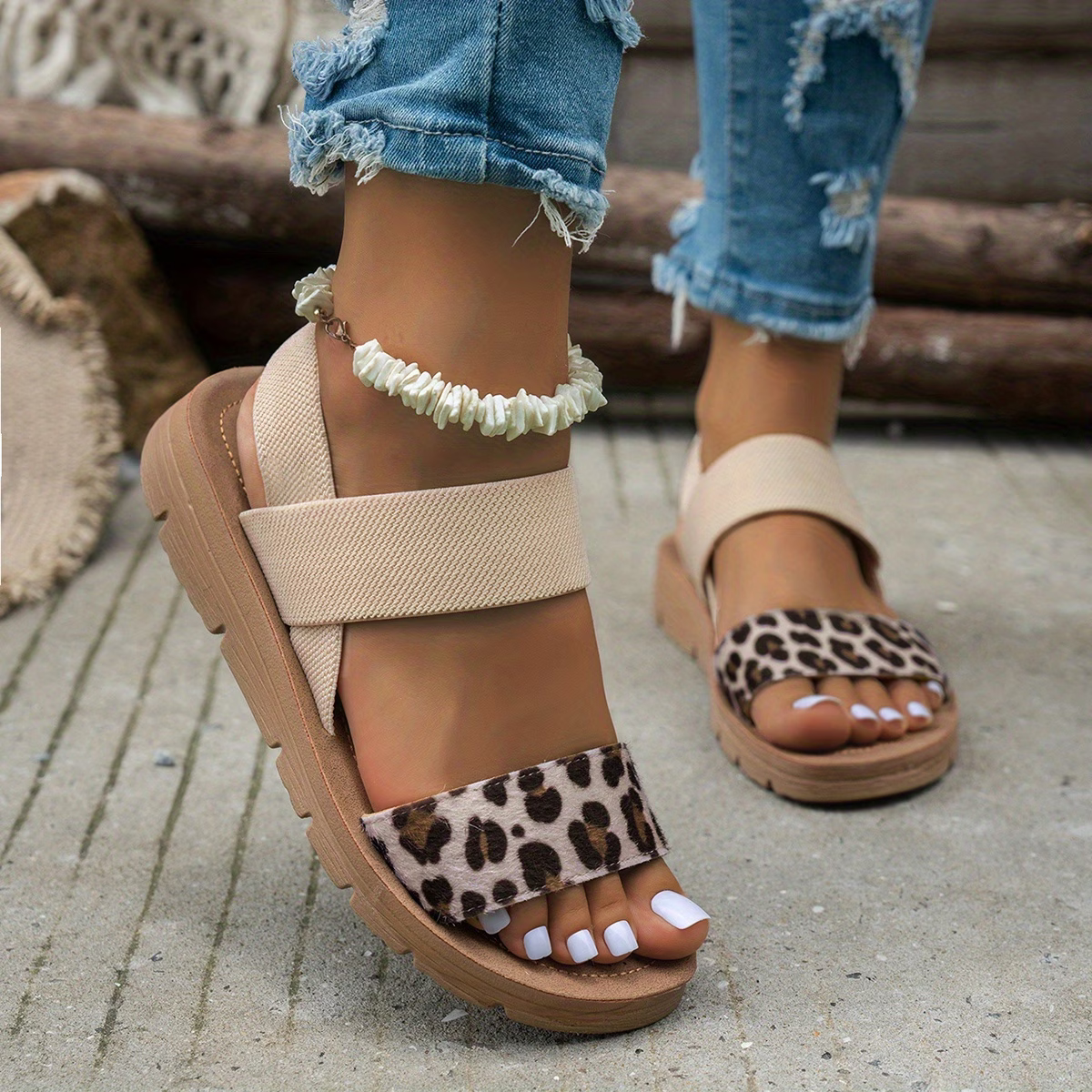 Leopard Strap Platform Sandals – Elastic Slingback Comfort Sandals