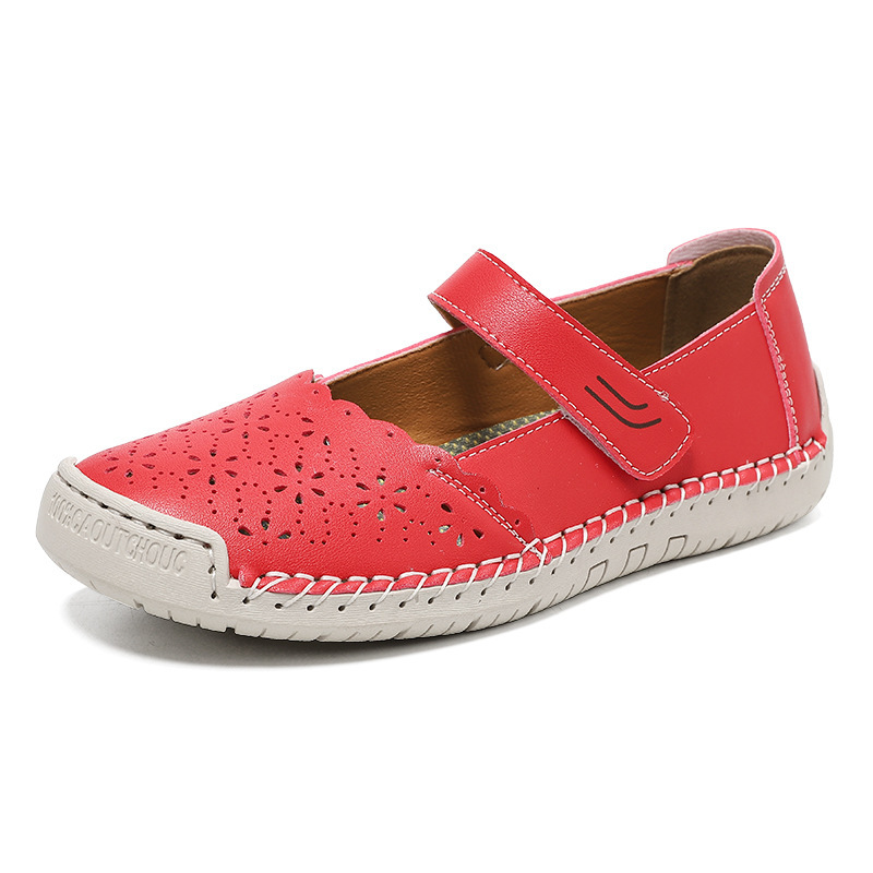 Perforated Mary Jane Flats – Hook-and-Loop Comfort Walking Shoes