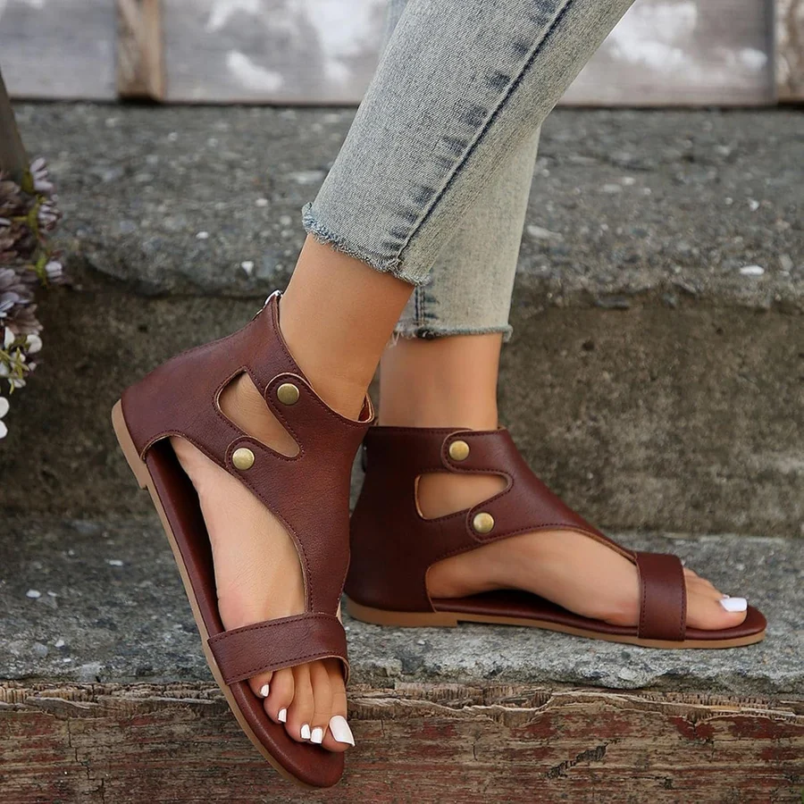 Retro Cutout Flat Sandals – Open Toe Gladiator Summer Sandals