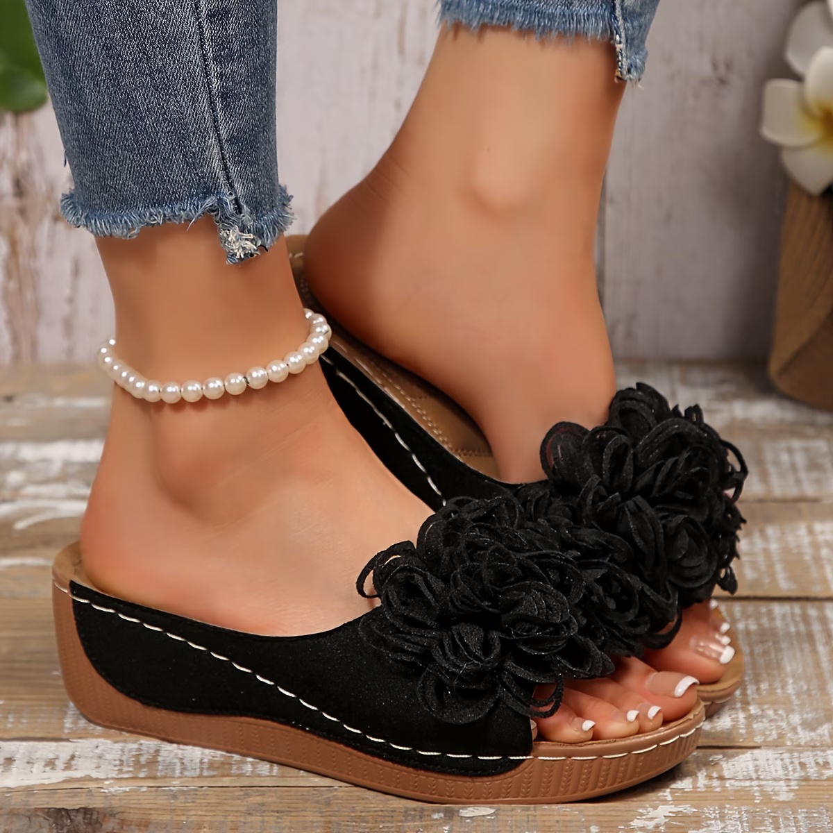 Floral Wedge Slide Sandals – Open Toe Comfort Mules