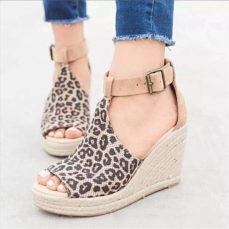 Leopard Wedge Sandals – Buckle Ankle Strap Platform Sandals
