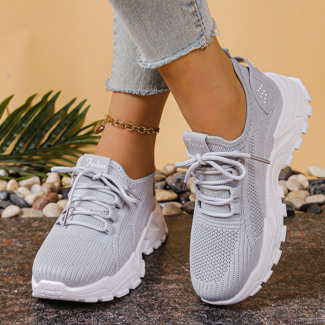 Knit Walking Sneakers – Breathable Lightweight Lace-Up Shoes