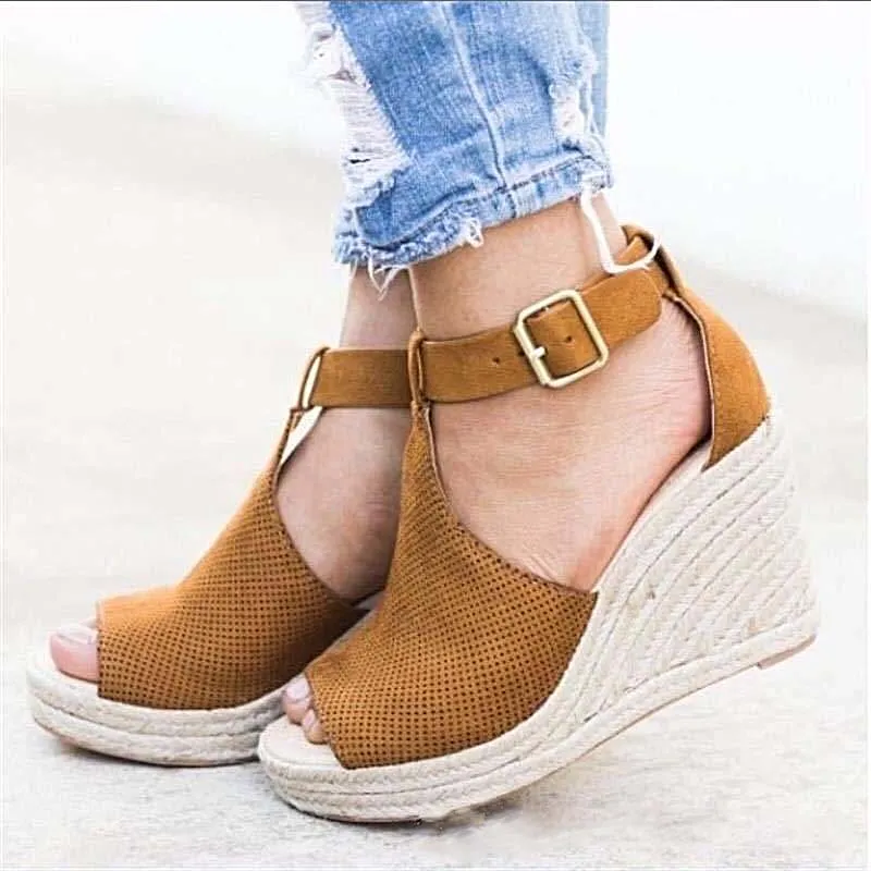 Leopard Wedge Sandals – Buckle Ankle Strap Platform Sandals