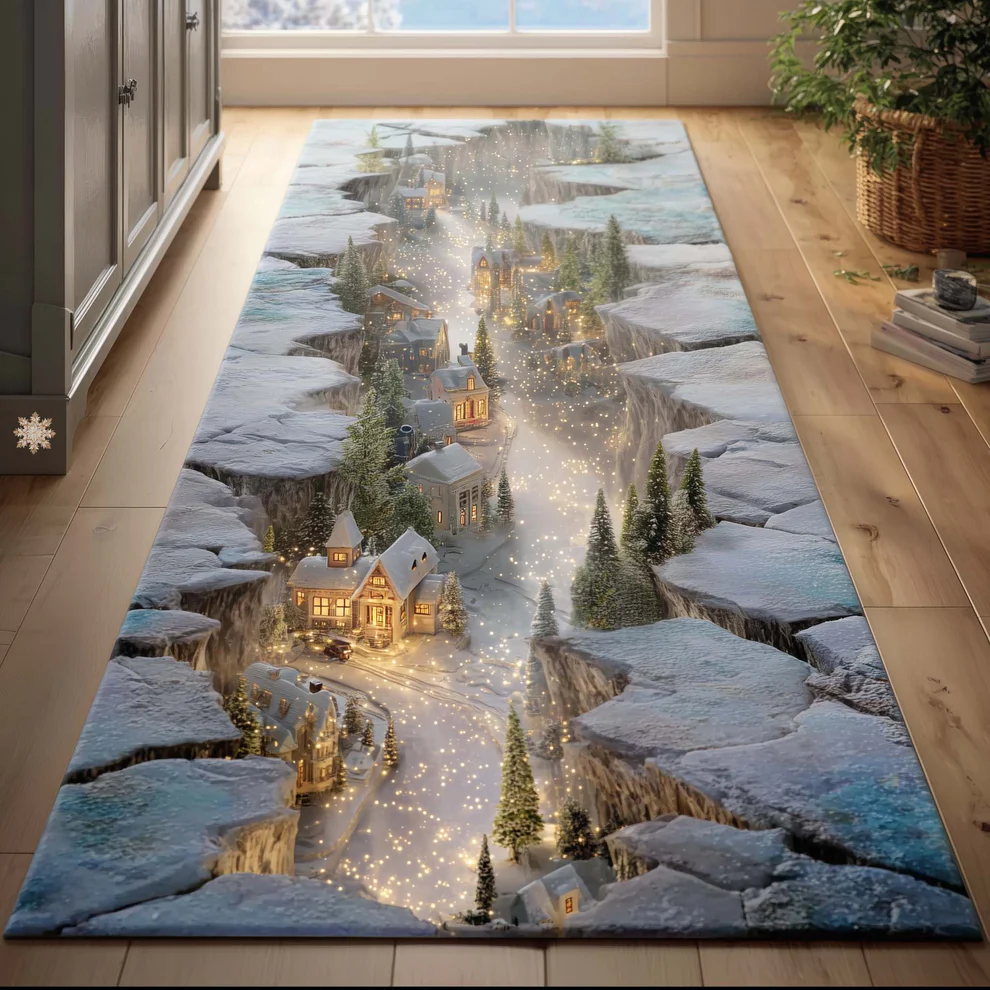 Enchanting Christmas Town Runner Rug with Snow-Covered Cottages & Sparkling Snowfall Pattern | Christmas Town