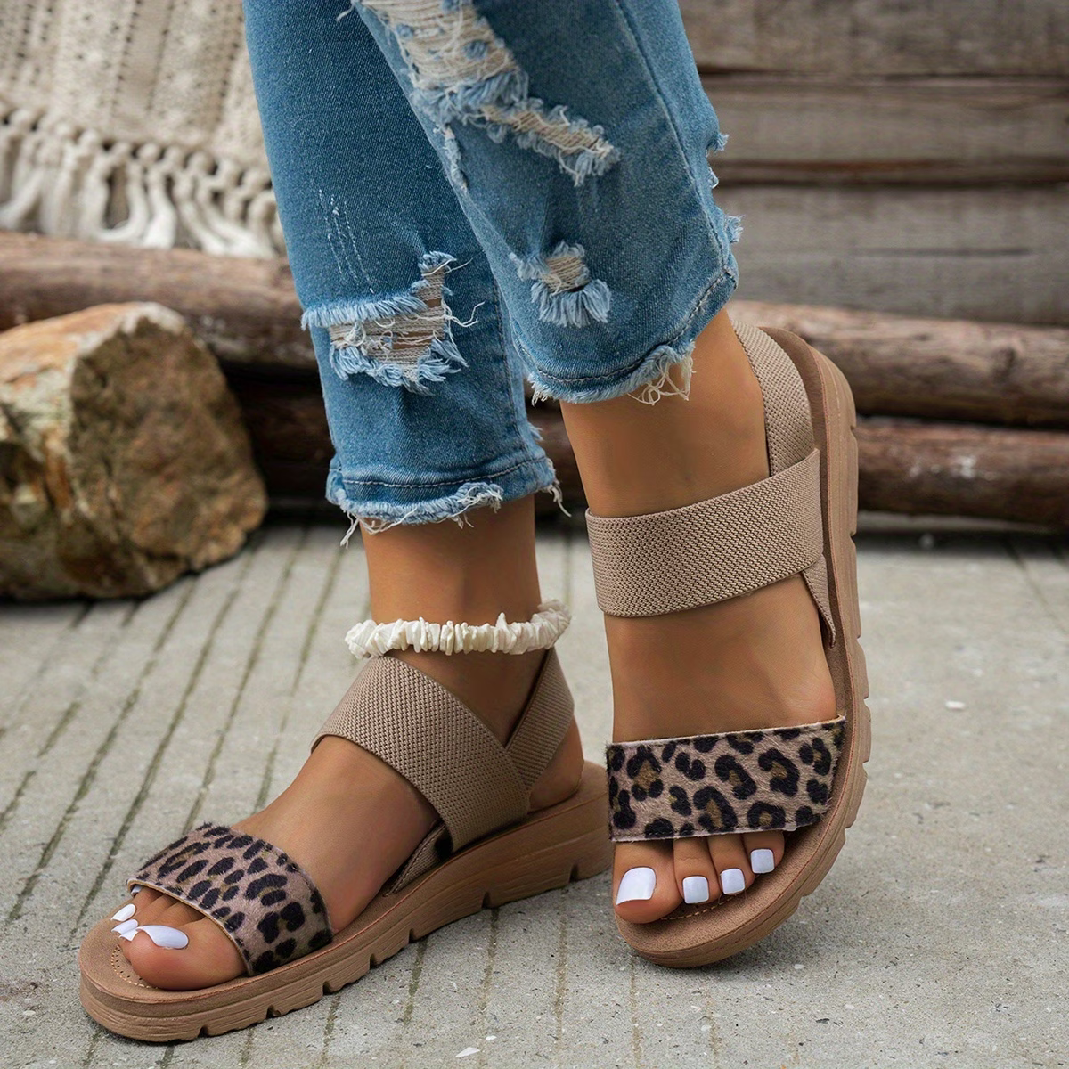 Leopard Strap Platform Sandals – Elastic Slingback Comfort Sandals