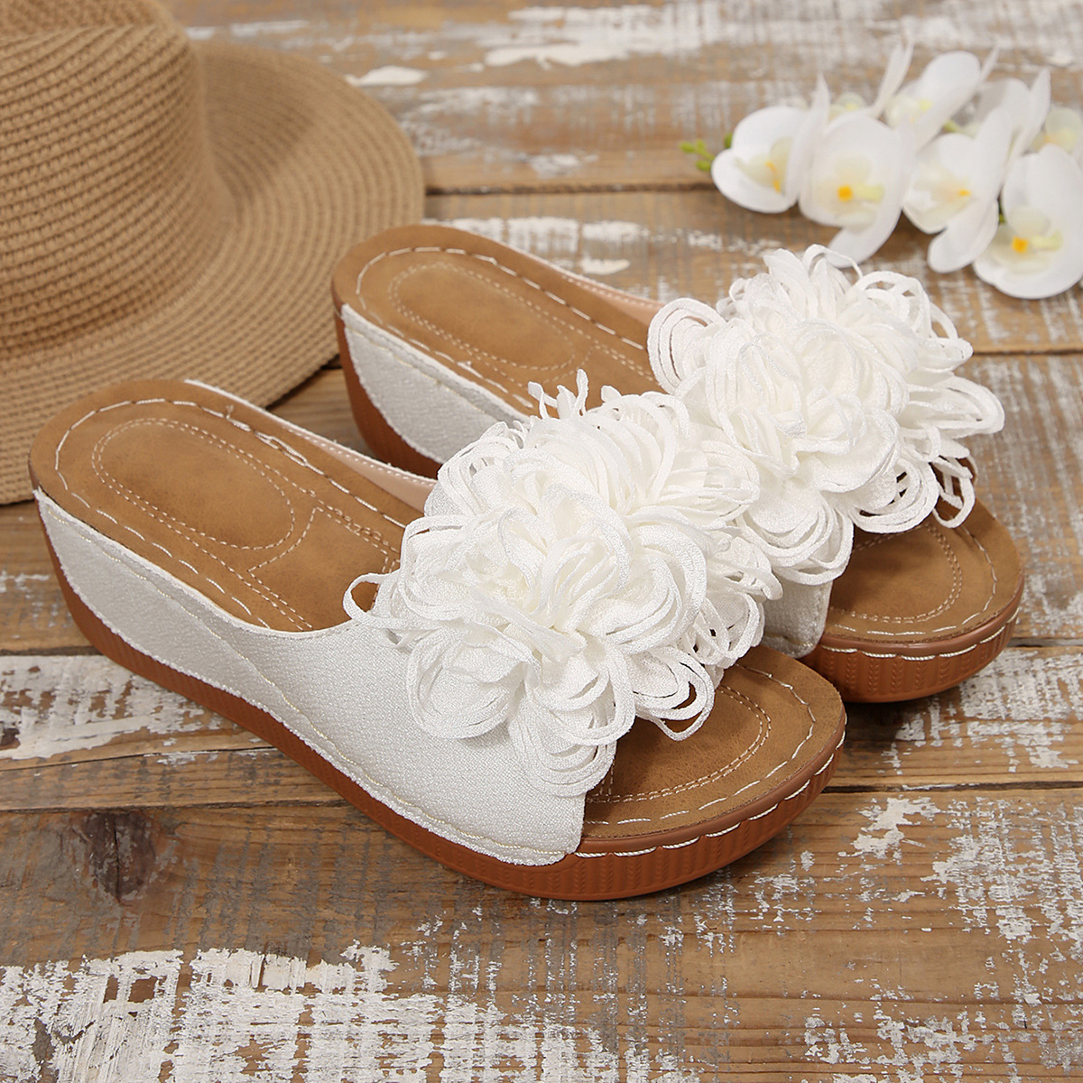 Floral Wedge Slide Sandals – Open Toe Comfort Mules