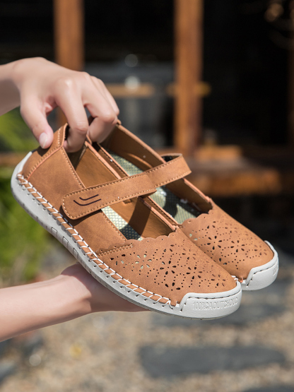Perforated Mary Jane Flats – Hook-and-Loop Comfort Walking Shoes