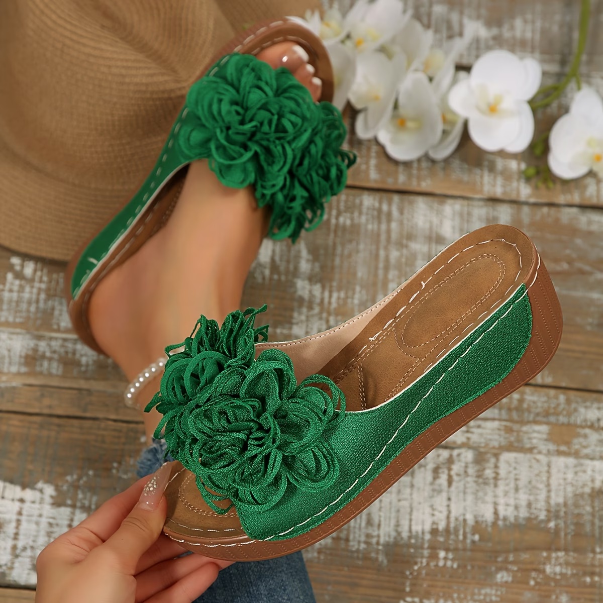 Floral Wedge Slide Sandals – Open Toe Comfort Mules