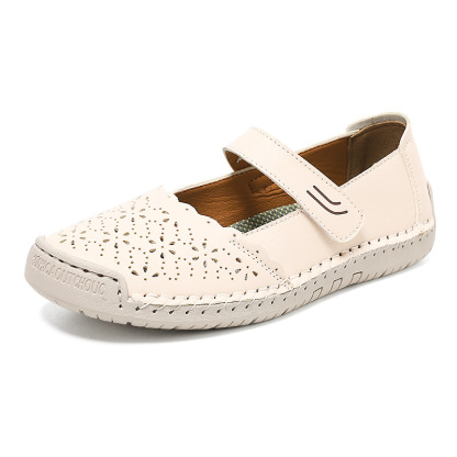 Perforated Mary Jane Flats – Hook-and-Loop Comfort Walking Shoes