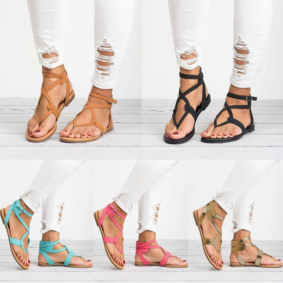 Strappy Flat Sandals – Adjustable Ankle Strap Summer Sandals