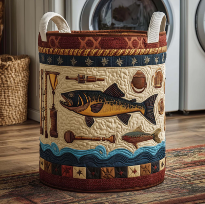 Vivid Freshwater Fish & Lakeside Pattern Quilted Laundry Basket Eco-Friendly Machine Washable Storage Organizer for Home Angler Decor | Fish