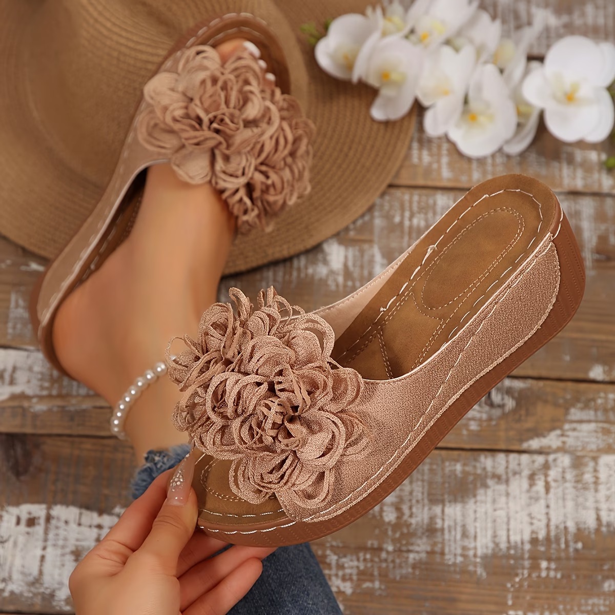 Floral Wedge Slide Sandals – Open Toe Comfort Mules
