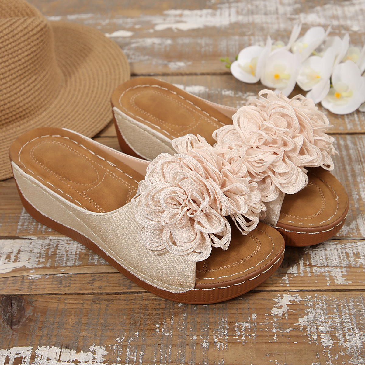 Floral Wedge Slide Sandals – Open Toe Comfort Mules