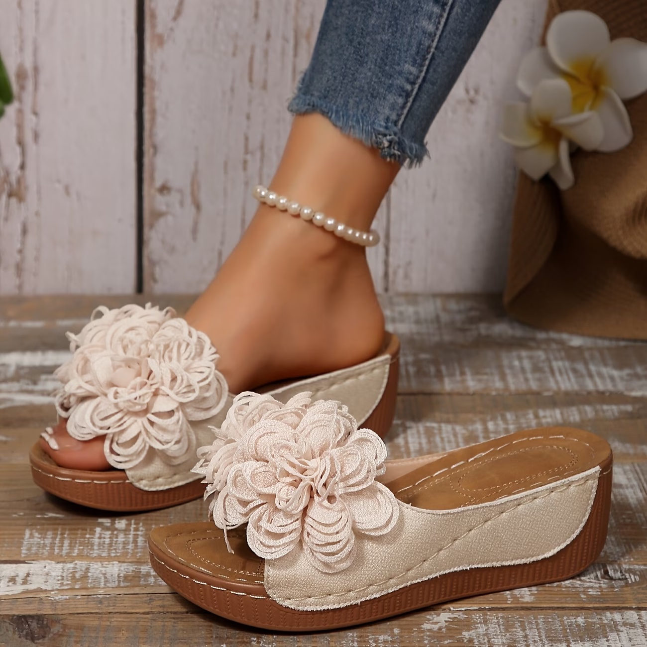 Floral Wedge Slide Sandals – Open Toe Comfort Mules