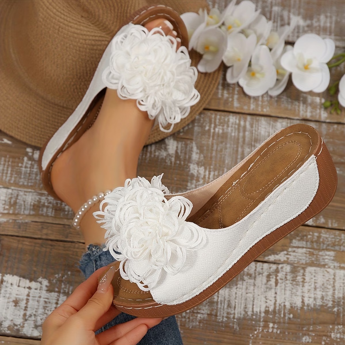Floral Wedge Slide Sandals – Open Toe Comfort Mules