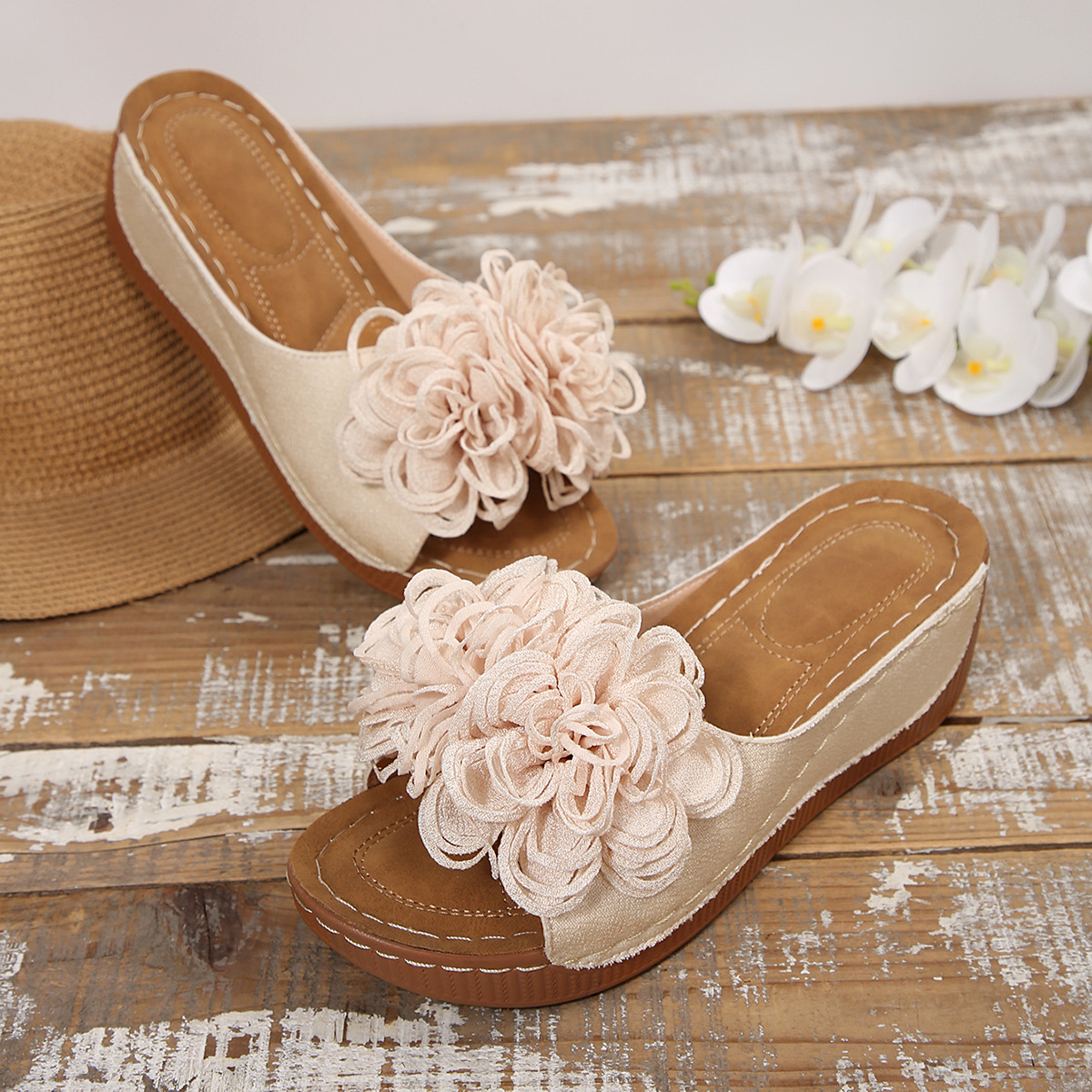Floral Wedge Slide Sandals – Open Toe Comfort Mules