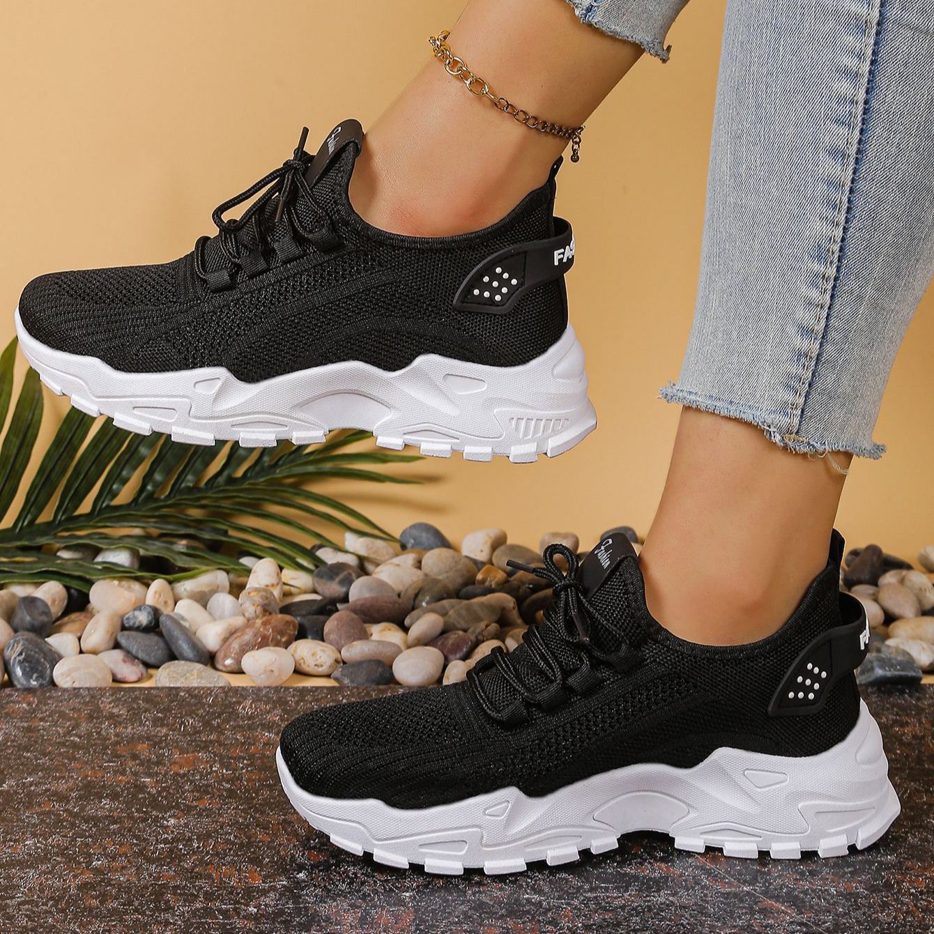 Knit Walking Sneakers – Breathable Lightweight Lace-Up Shoes
