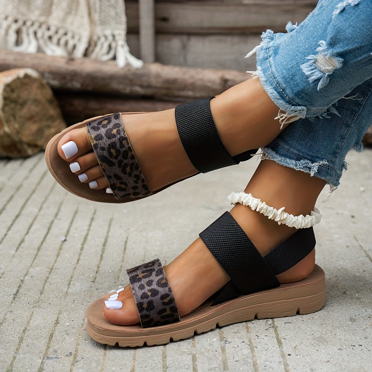Leopard Strap Platform Sandals – Elastic Slingback Comfort Sandals