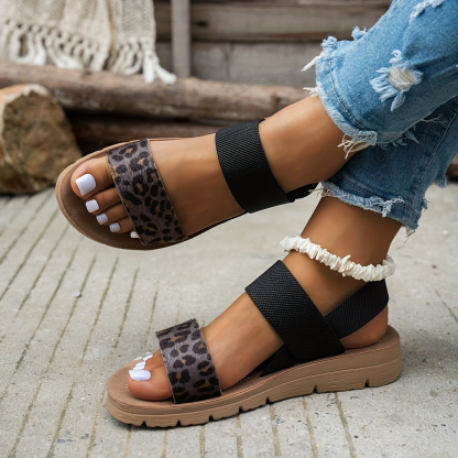 Leopard Strap Platform Sandals – Elastic Slingback Comfort Sandals