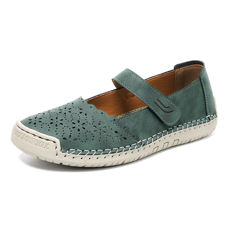 Perforated Mary Jane Flats – Hook-and-Loop Comfort Walking Shoes