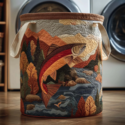Vivid Freshwater Fish & Lakeside Pattern Quilted Laundry Basket Eco-Friendly Machine Washable Storage Organizer for Home Angler Decor | Fish