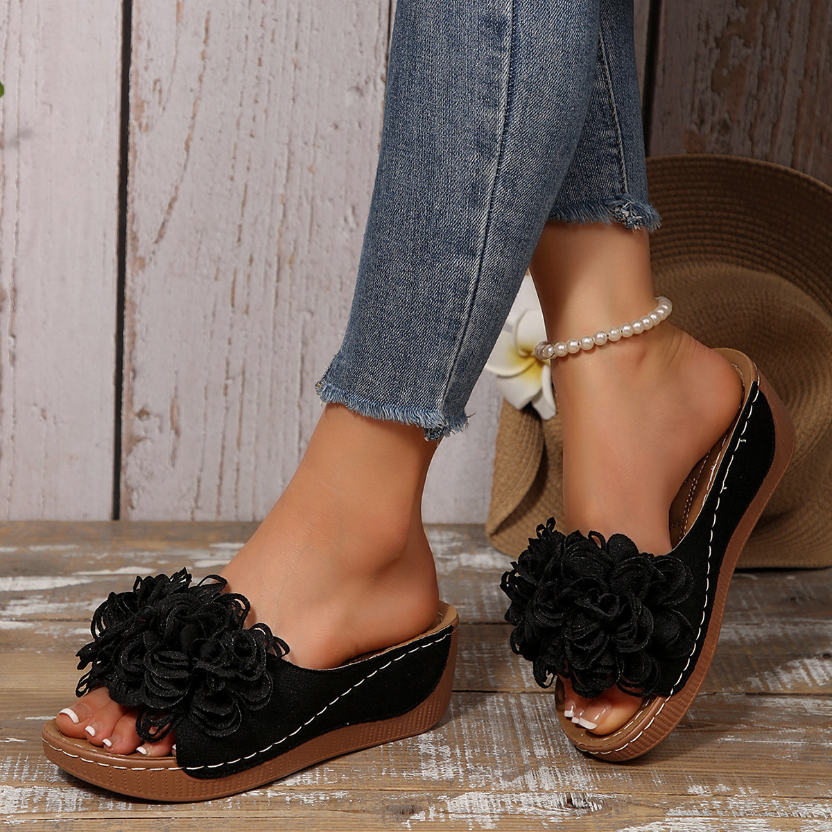 Floral Wedge Slide Sandals – Open Toe Comfort Mules