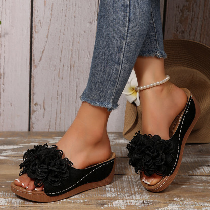 Floral Wedge Slide Sandals – Open Toe Comfort Mules
