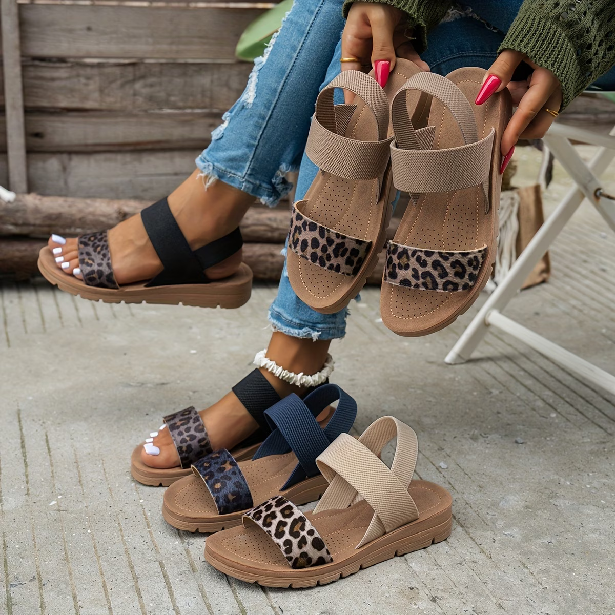 Leopard Strap Platform Sandals – Elastic Slingback Comfort Sandals