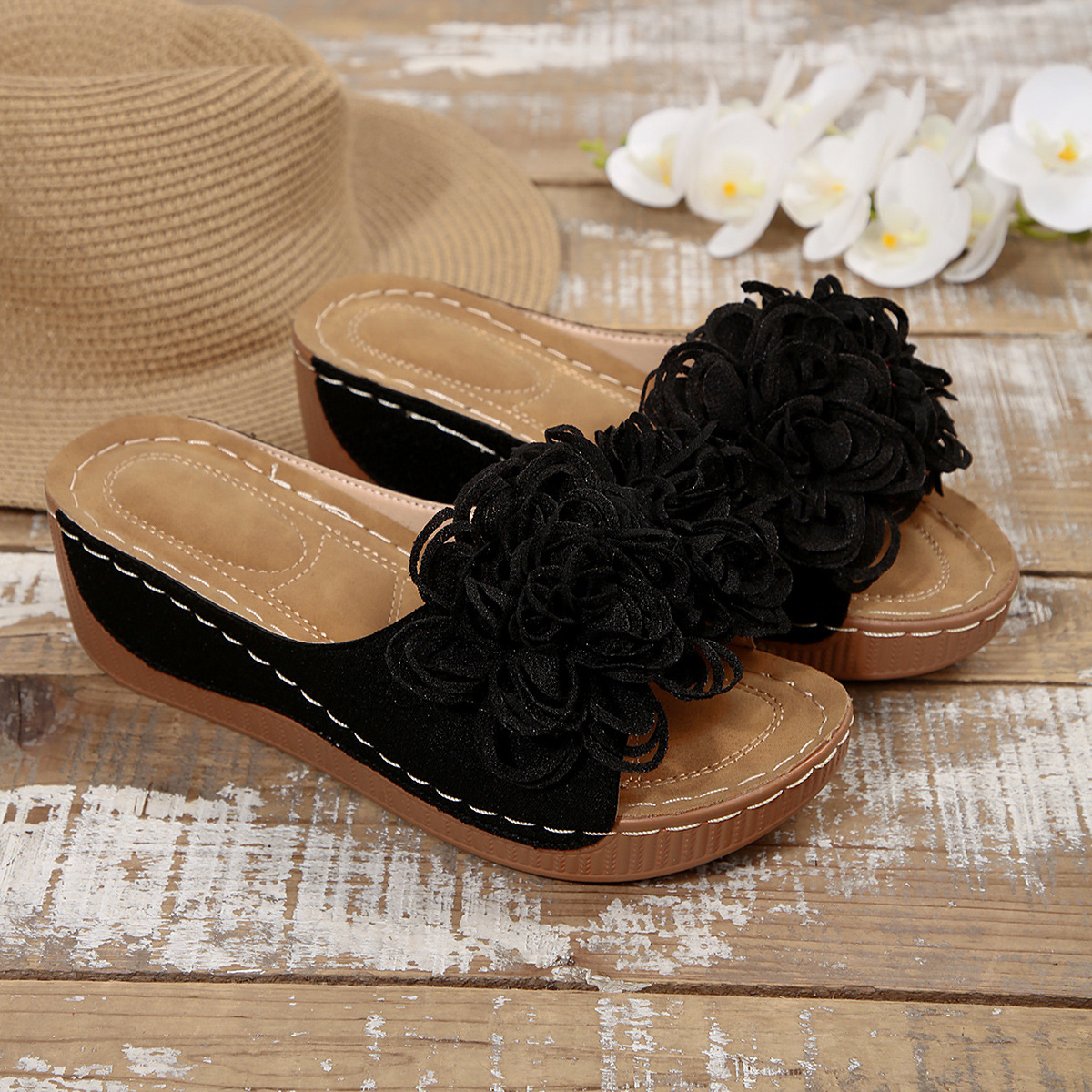 Floral Wedge Slide Sandals – Open Toe Comfort Mules