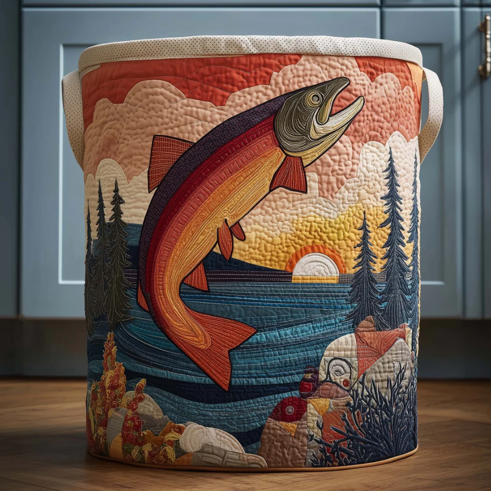Vivid Freshwater Fish & Lakeside Pattern Quilted Laundry Basket Eco-Friendly Machine Washable Storage Organizer for Home Angler Decor | Fish