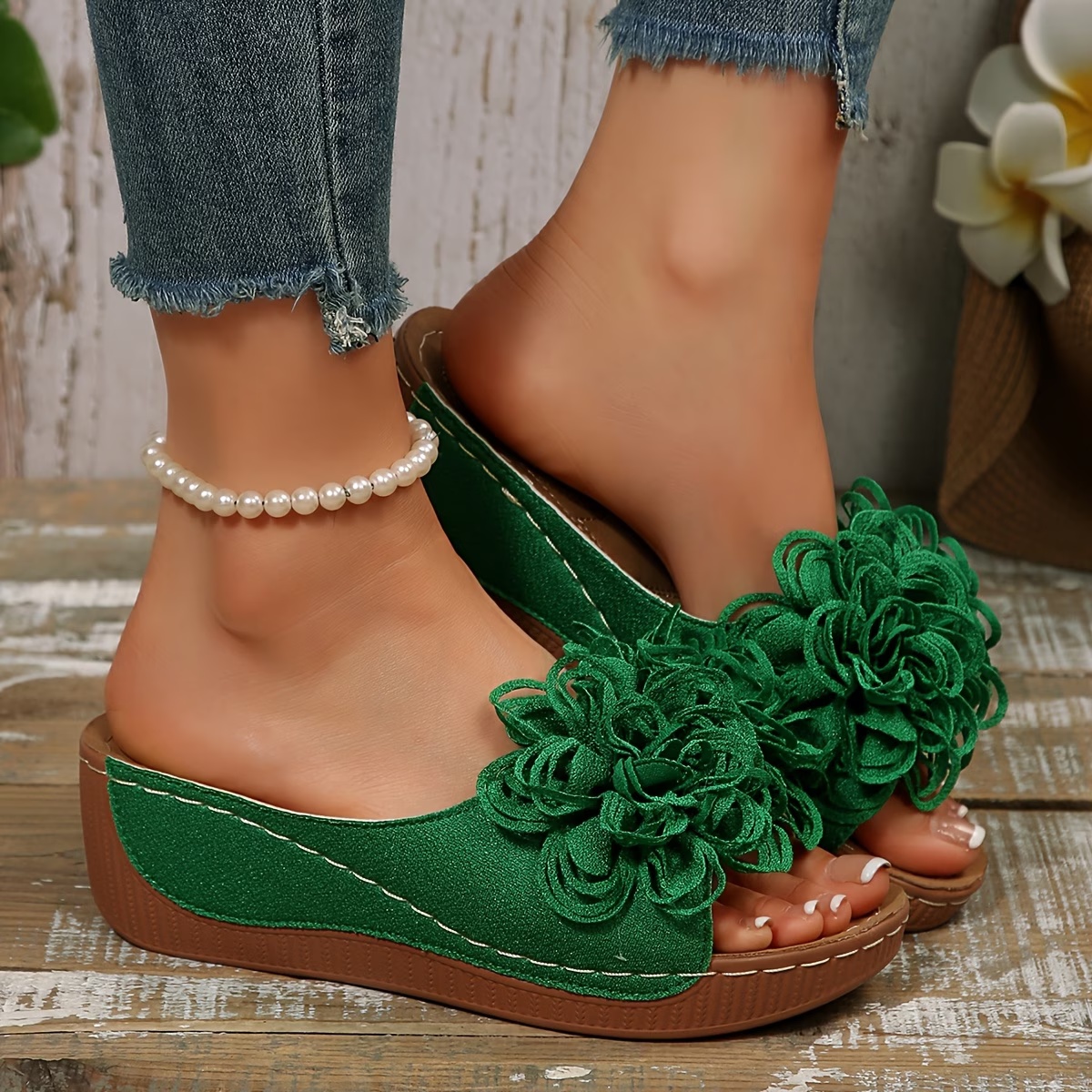 Floral Wedge Slide Sandals – Open Toe Comfort Mules