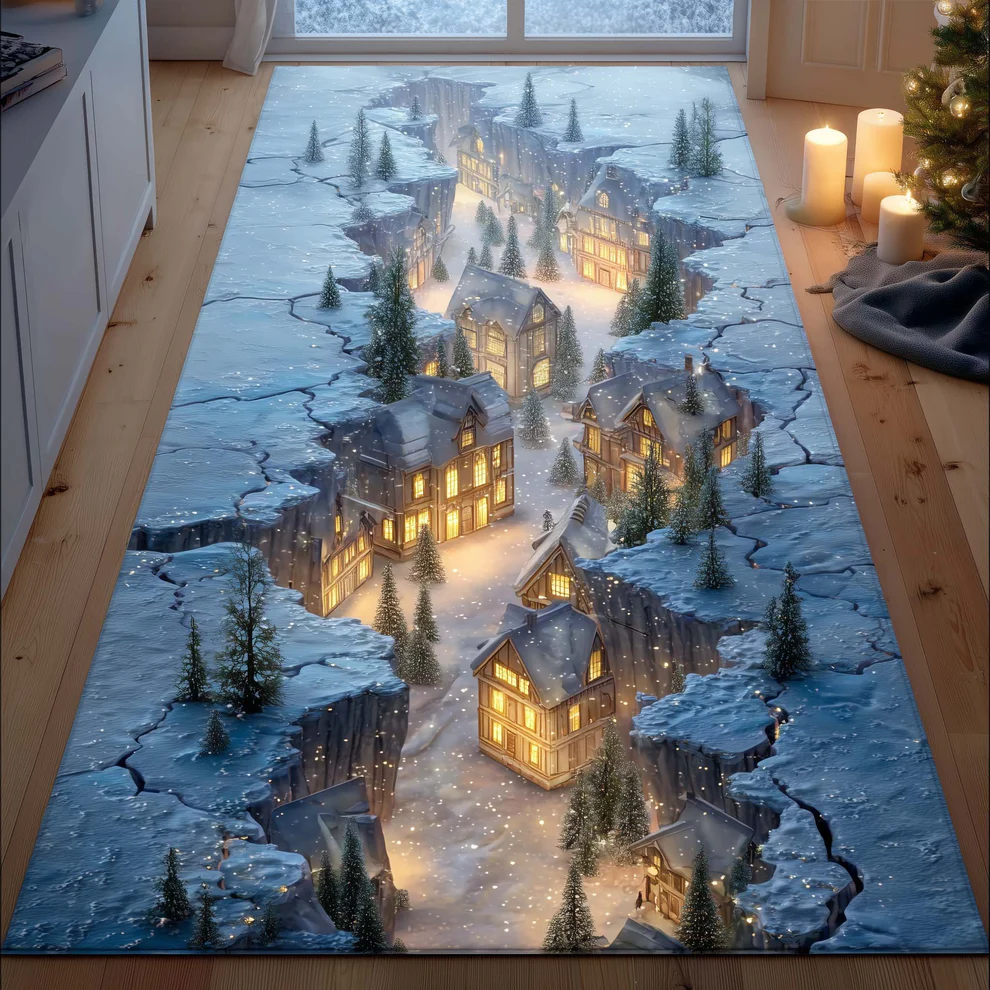 Enchanting Christmas Town Runner Rug with Snow-Covered Cottages & Sparkling Snowfall Pattern | Christmas Town