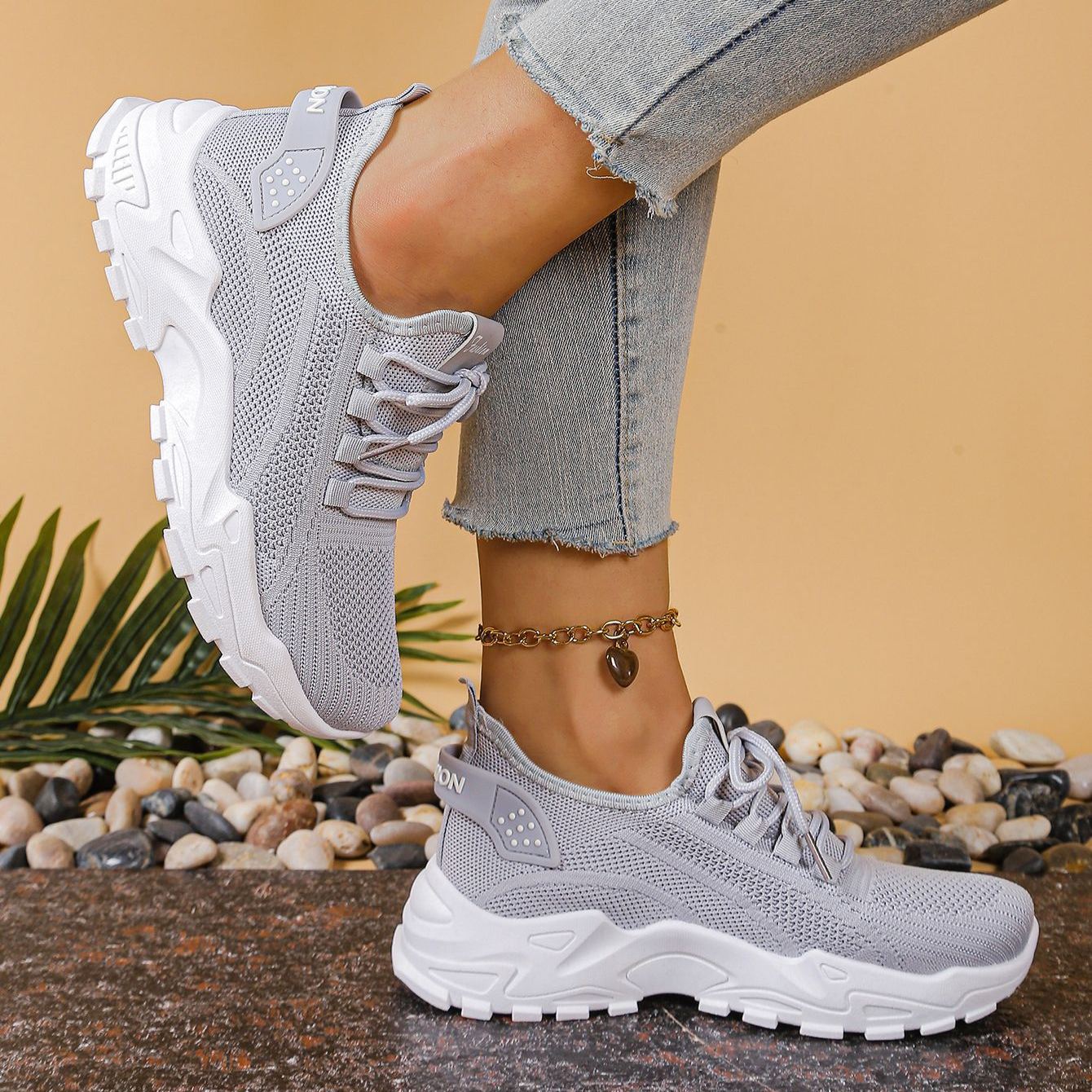 Knit Walking Sneakers – Breathable Lightweight Lace-Up Shoes