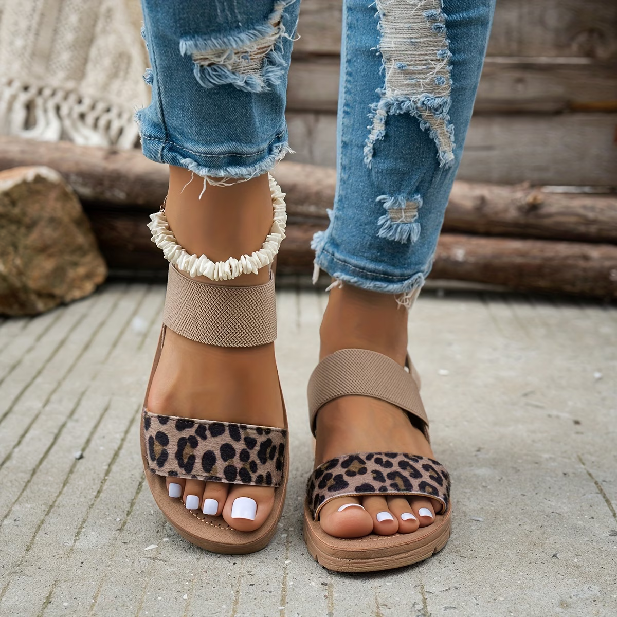 Leopard Strap Platform Sandals – Elastic Slingback Comfort Sandals