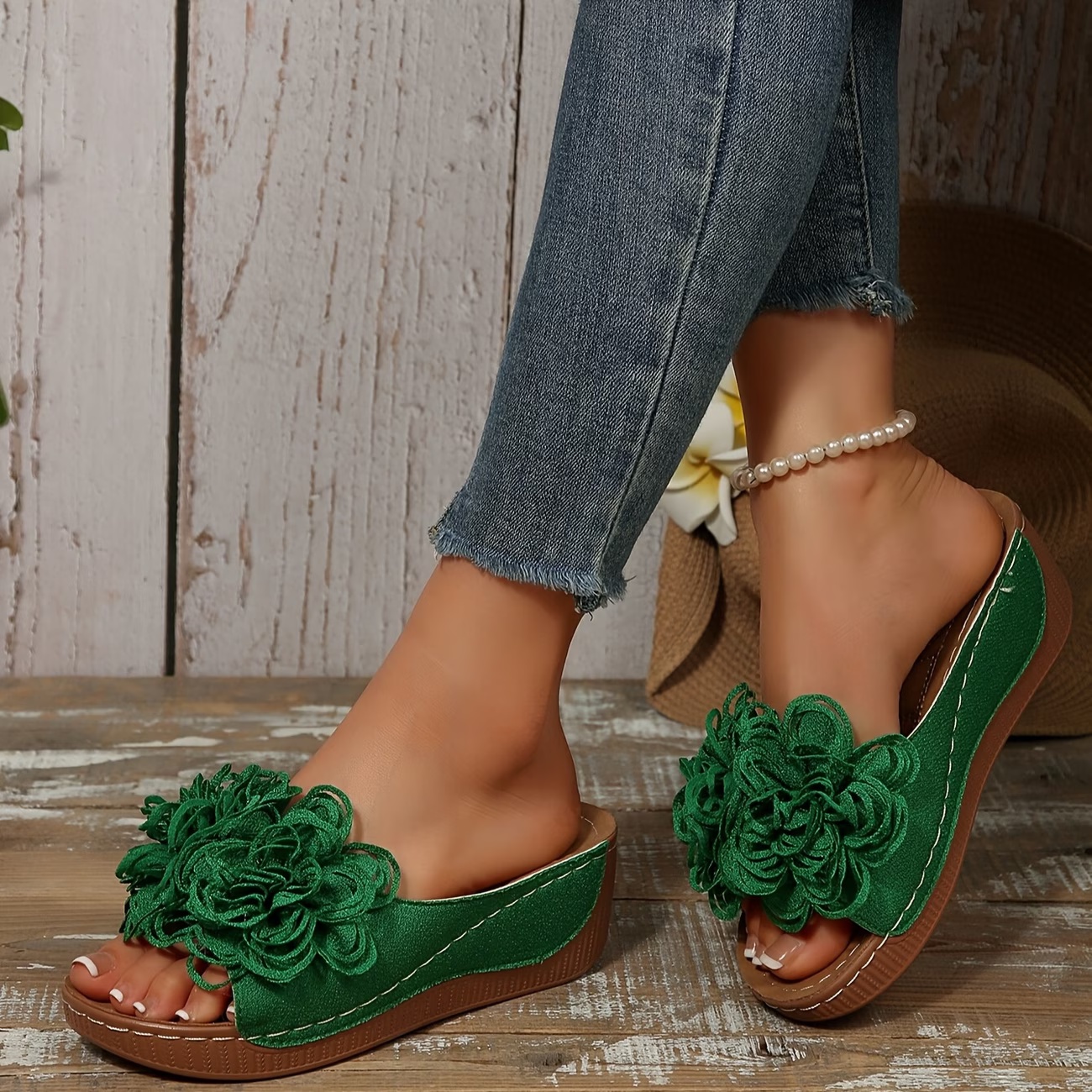 Floral Wedge Slide Sandals – Open Toe Comfort Mules