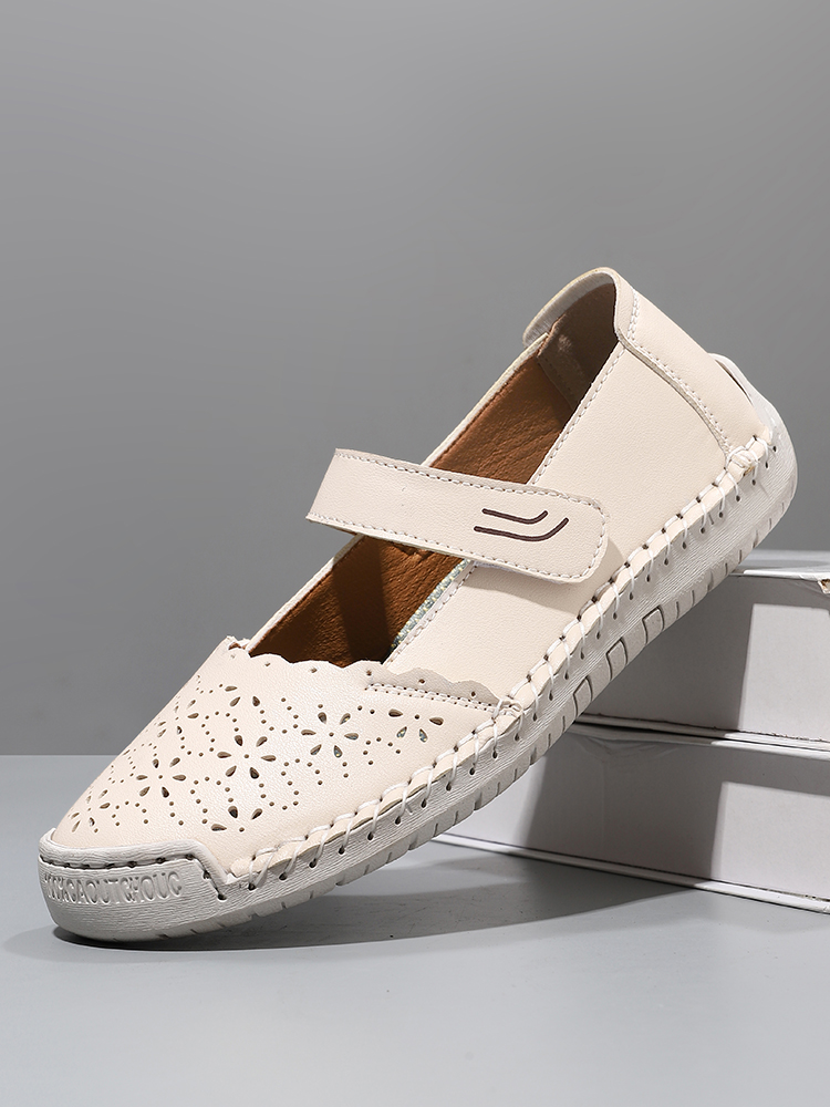 Perforated Mary Jane Flats – Hook-and-Loop Comfort Walking Shoes