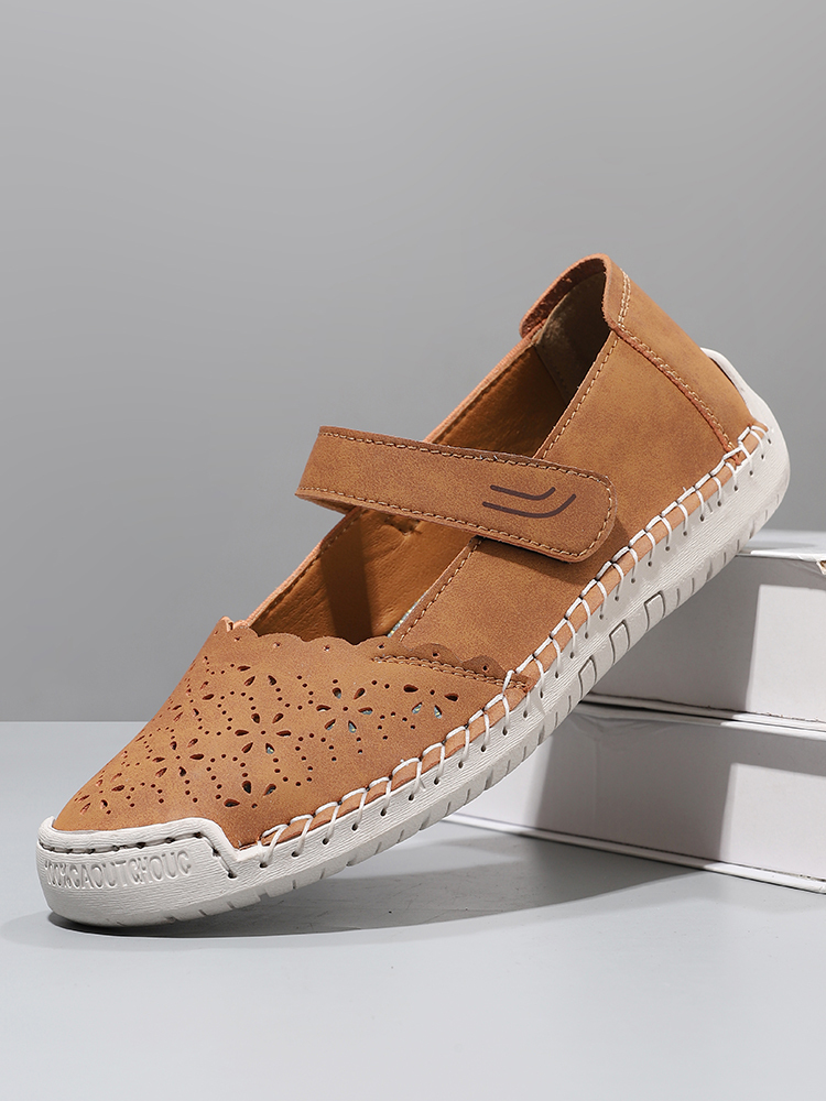 Perforated Mary Jane Flats – Hook-and-Loop Comfort Walking Shoes